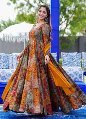 Multi color rayon digital print designer gown for festive 3