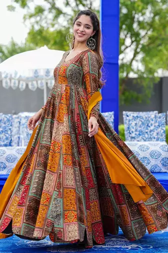 Multi color rayon digital print designer gown for festive