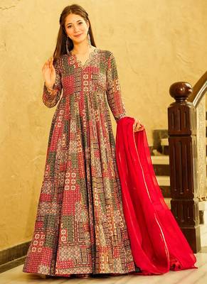 Red rayon digital print designer gown for festive 1