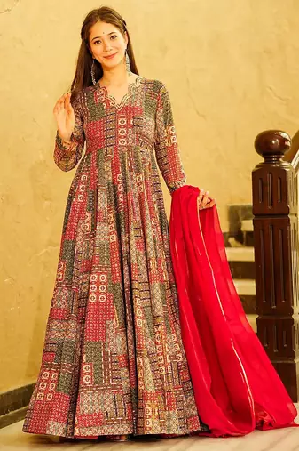 Red reyon digital print designer gown for festive