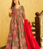 Red reyon digital print designer gown for festive
