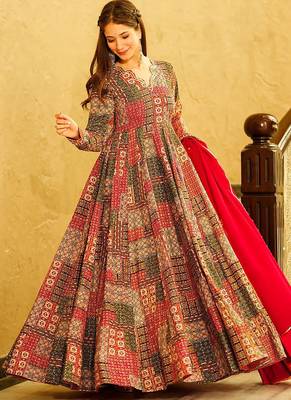Red rayon digital print designer gown for festive 2