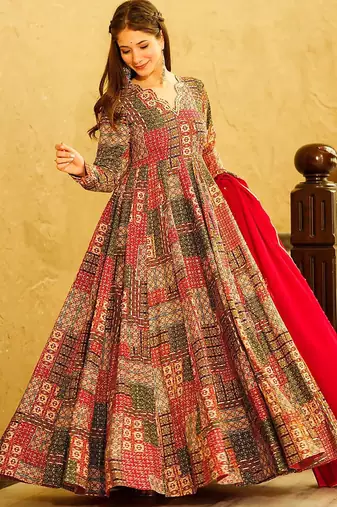 Red rayon digital print designer gown for festive