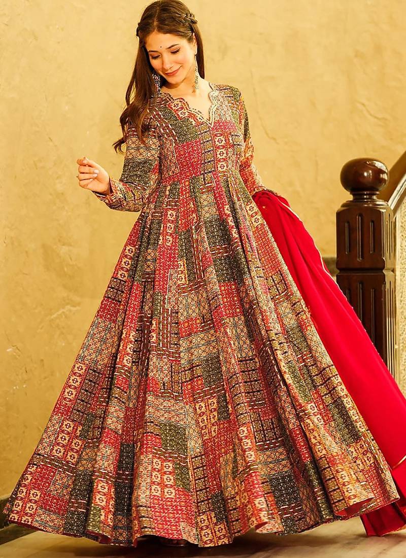 Red reyon digital print designer gown for festive