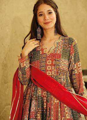 Red rayon digital print designer gown for festive 3