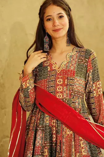 Red rayon digital print designer gown for festive