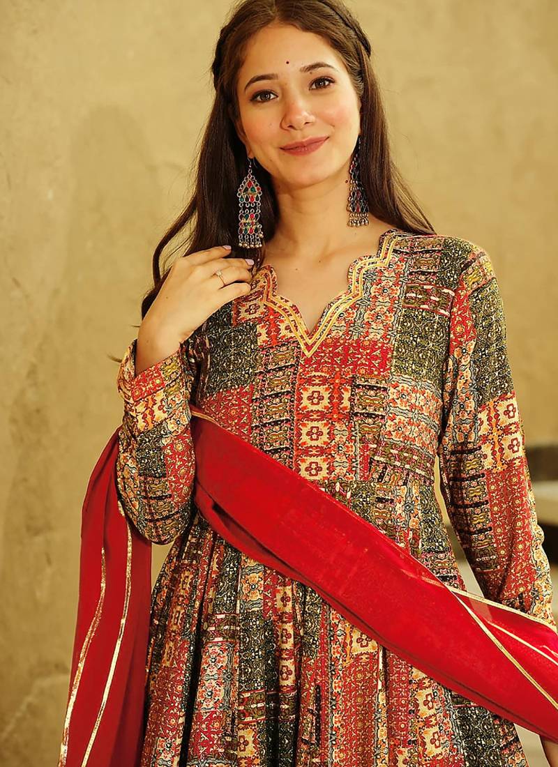 Red reyon digital print designer gown for festive