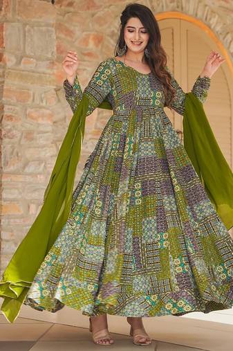Green reyon digital print designer gown for festive