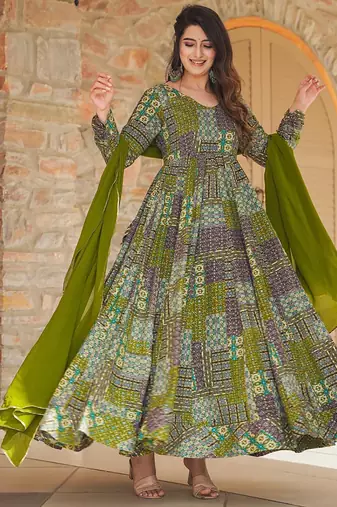 Green rayon digital print designer gown for festive