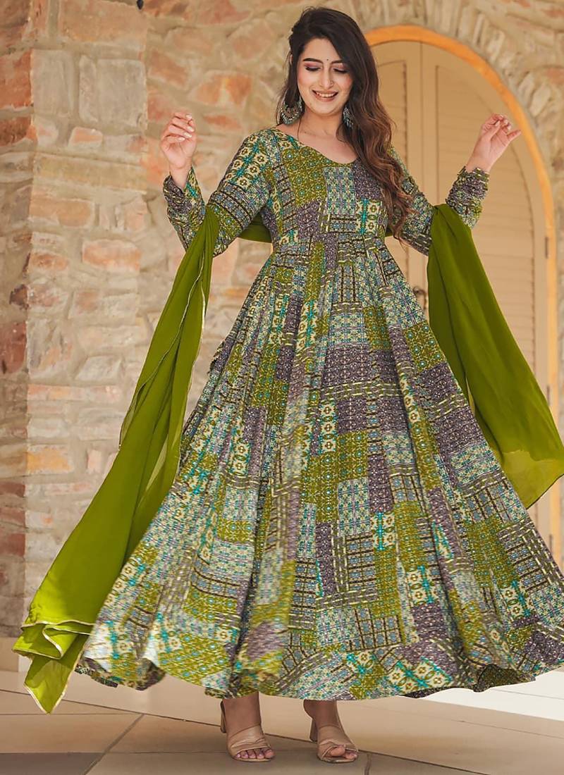 Green reyon digital print designer gown for festive