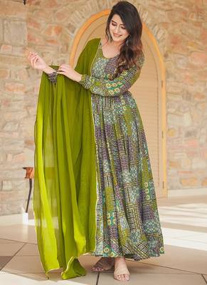 Green rayon digital print designer gown for festive 2