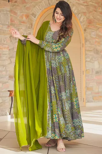 Green rayon digital print designer gown for festive