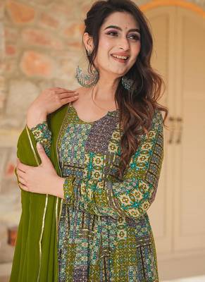 Green rayon digital print designer gown for festive 3