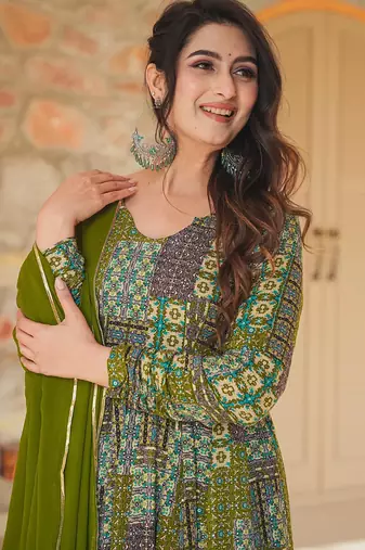 Green rayon digital print designer gown for festive