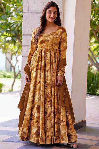 Mustard reyon digital print designer gown for festive