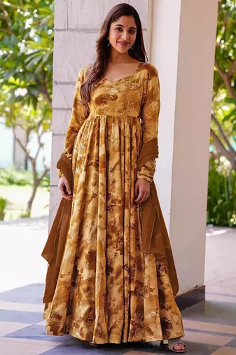 Mustard rayon digital print designer gown for festive
