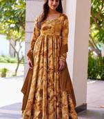 Mustard reyon digital print designer gown for festive