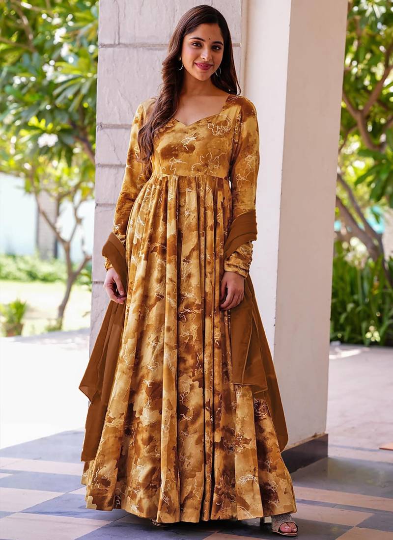 Mustard reyon digital print designer gown for festive