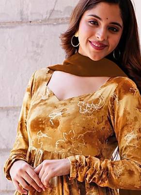 Mustard rayon digital print designer gown for festive 2