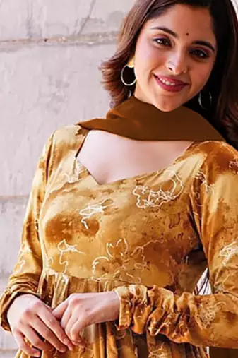 Mustard rayon digital print designer gown for festive