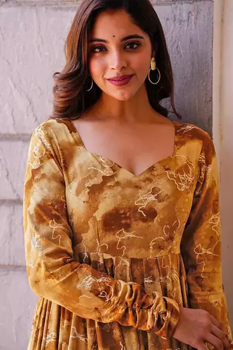 Mustard rayon digital print designer gown for festive