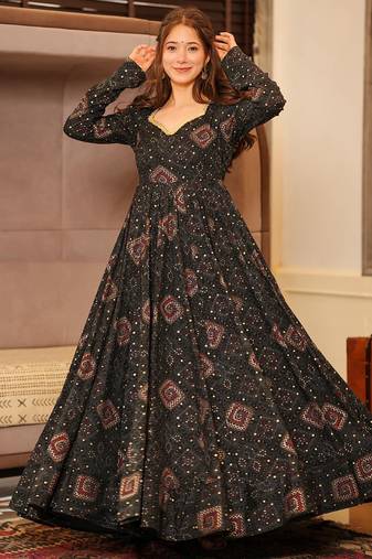 Black rayon digital print designer gown for festive