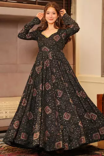 Black rayon digital print designer gown for festive