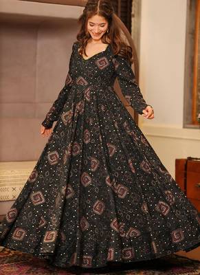 Black rayon digital print designer gown for festive 2