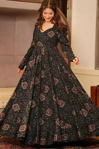 Black rayon digital print designer gown for festive