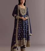 Blue Chinnon Silk Heavy Embroidery Work Designer Party wear Gown