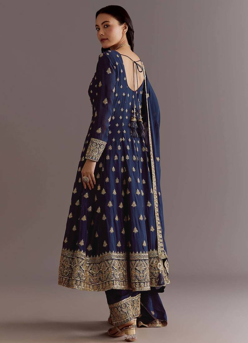 Blue Chinnon Silk Heavy Embroidery Work Designer Party wear Gown