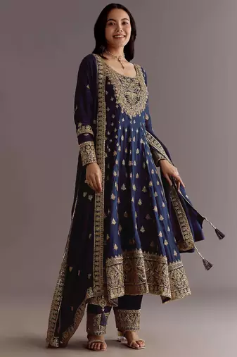 Blue Chinnon Silk Heavy Embroidery Work Designer Party wear Gown