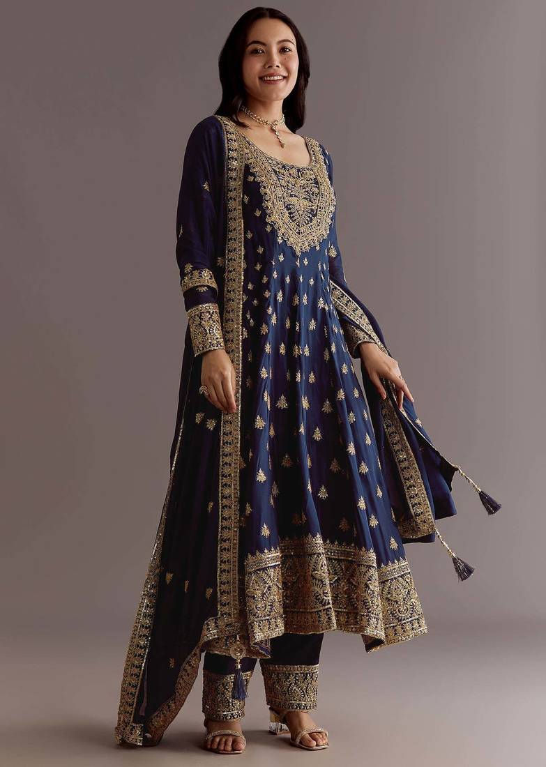 Blue Chinnon Silk Heavy Embroidery Work Designer Party wear Gown