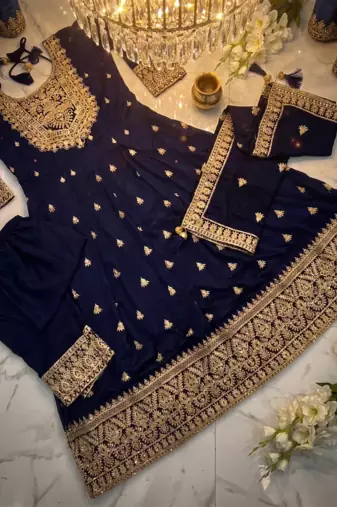 Blue Chinnon Silk Heavy Embroidery Work  Party wear Gown