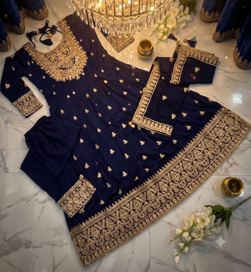 Blue Chinnon Silk Heavy Embroidery Work  Party wear Gown
