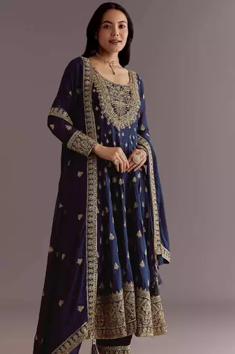 Blue Chinnon Silk Heavy Embroidery Work Designer Party wear Gown
