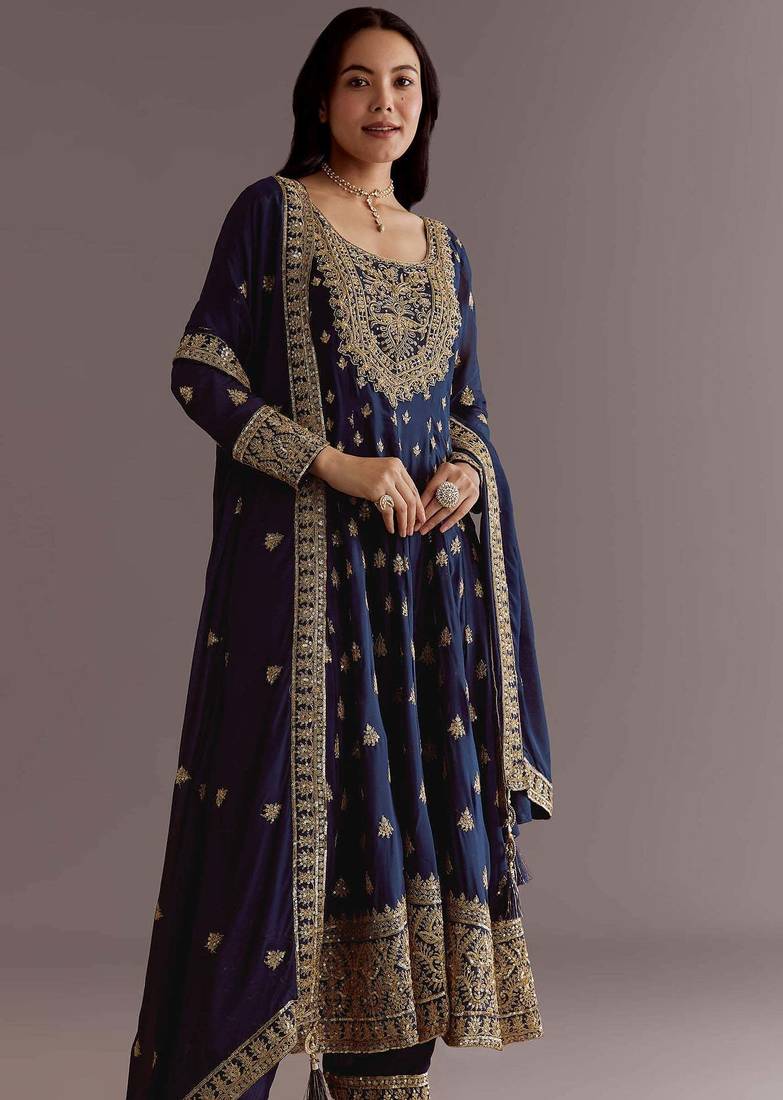 Blue Chinnon Silk Heavy Embroidery Work Designer Party wear Gown