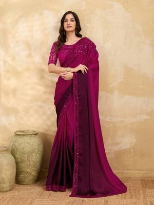 Pink Art Silk Embroidery With Sequence Work Ombre Style Saree with Unstitched Blouse  1