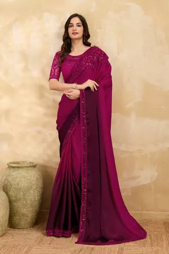 Pink Art Silk Embroidery With Sequence Work Ombre Style Saree with Unstitched Blouse 