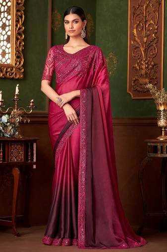 Pink Art Silk Embroidery With Sequence Work Ombre Style Saree with Unstitched Blouse 