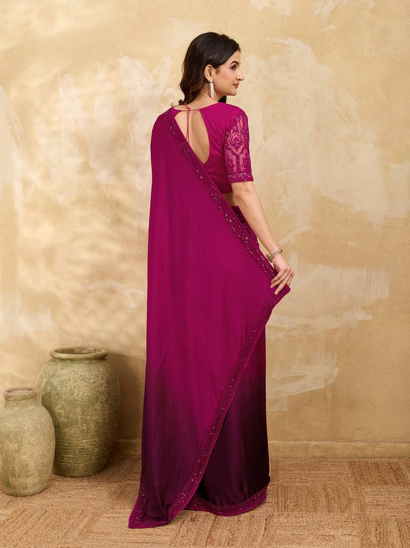 Pink Art Silk Embroidery With Sequence Work Ombre Style Saree with Unstitched Blouse 