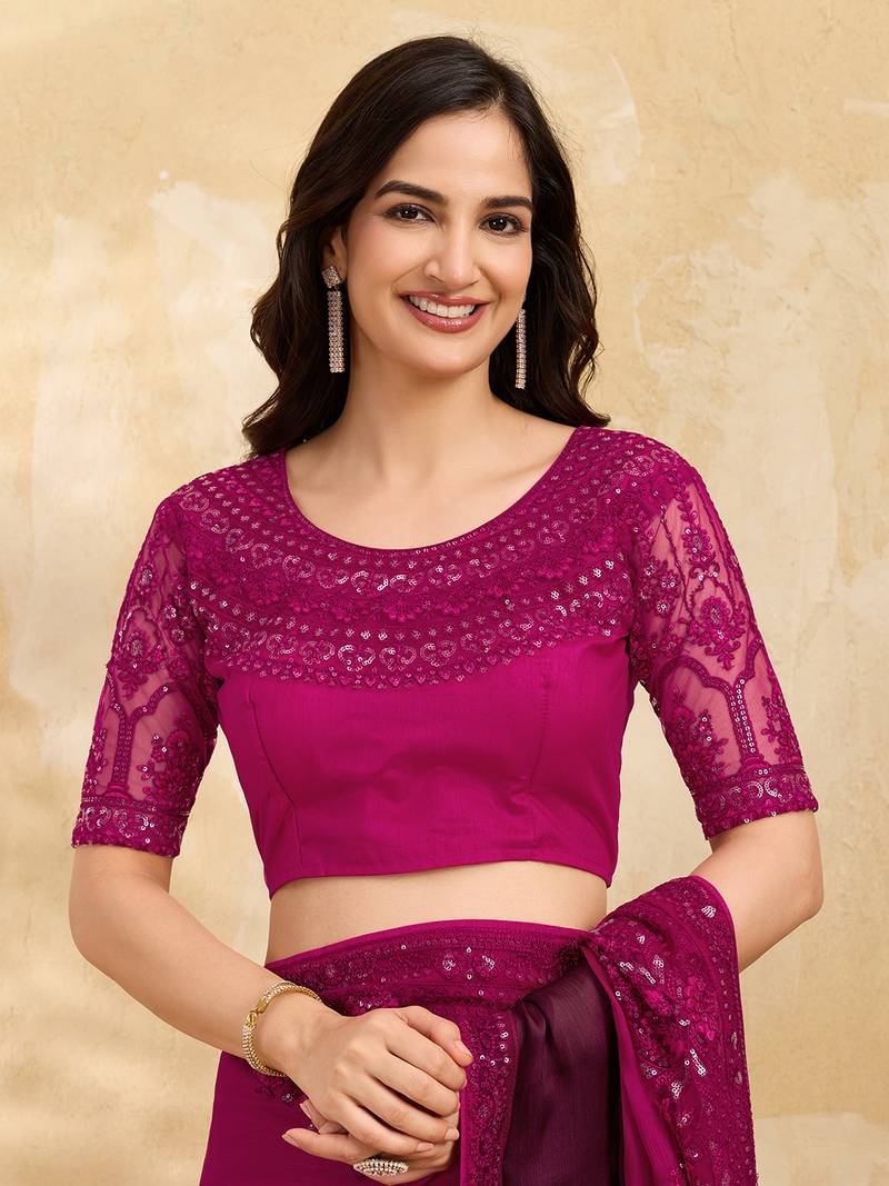 Pink Art Silk Embroidery With Sequence Work Ombre Style Saree with Unstitched Blouse 