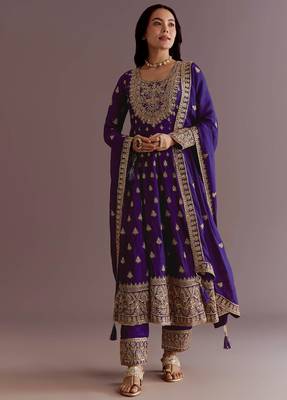 Purple Chinnon Silk Heavy Embroidery Work Party wear Gown 1