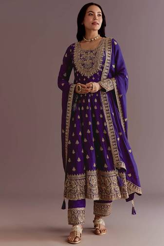 Purple Chinnon Silk Heavy Embroidery Work Designer Party wear Gown