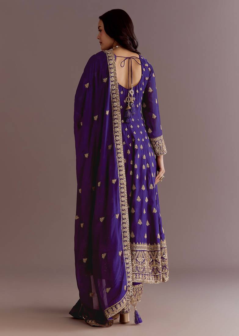 Purple Chinnon Silk Heavy Embroidery Work Designer Party wear Gown