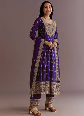 Purple Chinnon Silk Heavy Embroidery Work Party wear Gown 3