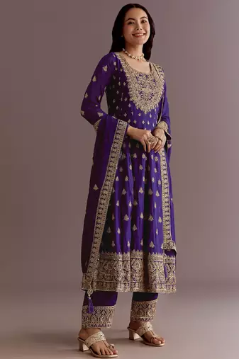 Purple Chinnon Silk Heavy Embroidery Work Designer Party wear Gown
