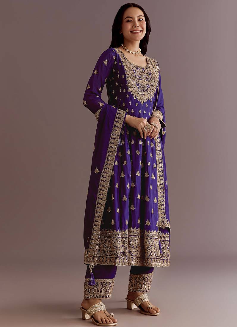 Purple Chinnon Silk Heavy Embroidery Work Designer Party wear Gown