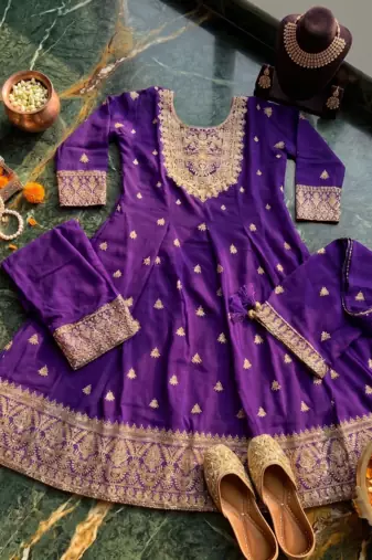 Purple Chinnon Silk Heavy Embroidery Work Party wear Gown