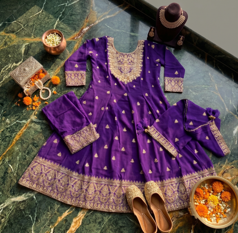 Purple Chinnon Silk Heavy Embroidery Work Party wear Gown